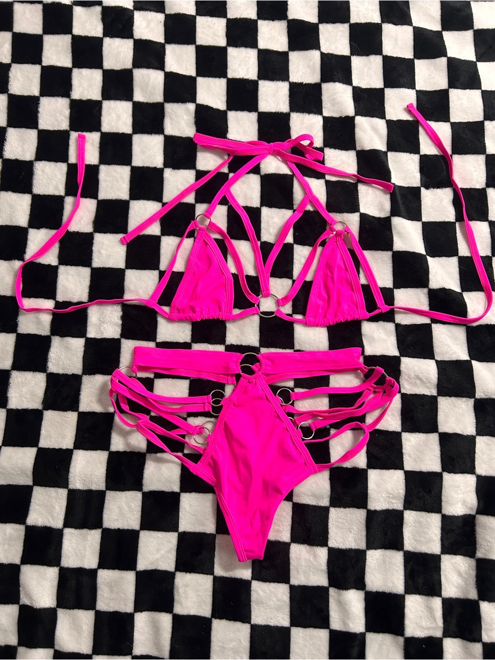 Hot Pink Strappy Ring Bikini Set